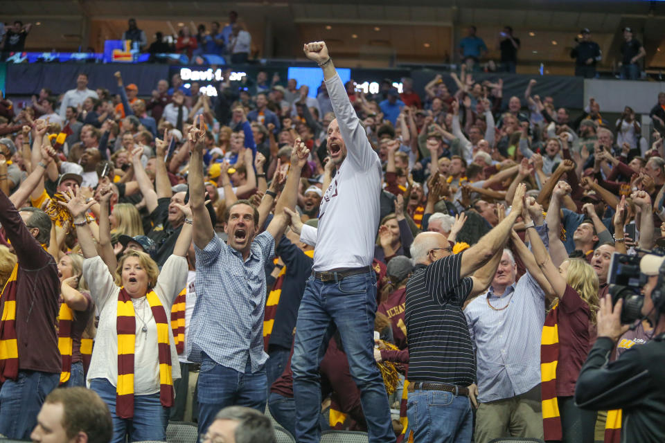 <p>Loyola-Chicago Ramblers fans cheer during the NCAA Div I Men’s Championship First Round basketball game between Loyola of Chicago and Miami on March 15, 2018 at American Airlines Center in Dallas, TX. (Photo by George Walker/Icon Sportswire via Getty Images) </p>