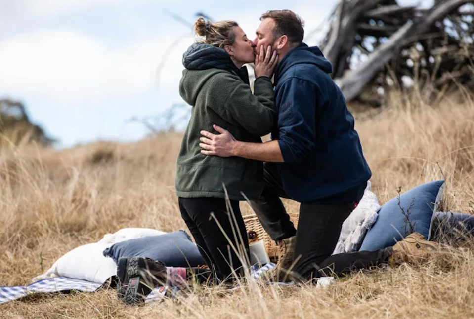 Farmer Wants A Wife's Andrew and Jess kiss after he proposed to her on Monday. 