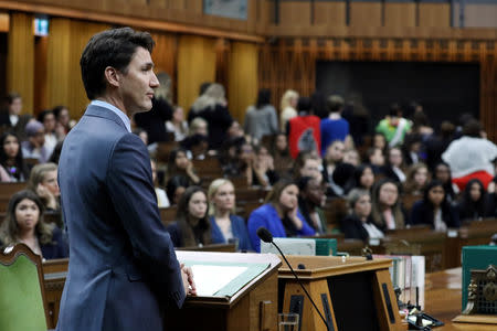 Canada's Prime Minister Justin Trudeau listens to a question during the Daughters of the Vote event in the House of Commons on Parliament Hill in Ottawa, Ontario, Canada, April 3, 2019. REUTERS/Chris Wattie