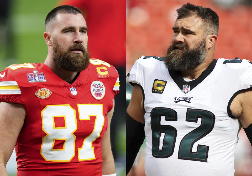 Kansas City Chiefs tight end Travis Kelce warms up before the NFL Super Bowl 58 football game against the San Francisco 49ers in Las Vegas on Feb. 11, 2024, left, and Philadelphia Eagles center Jason Kelce appears before an NFL football game against the Washington Commanders in Landover, Md. on Oct. 29, 2023. (AP Photo/Frank Franklin II, left, and AP Photo/Daniel Kucin Jr.)