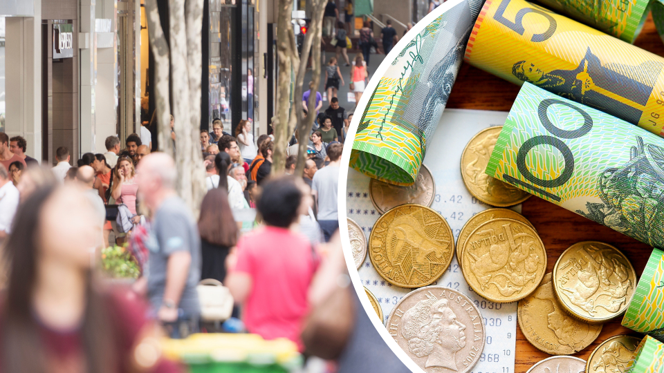 Pictured: Australians walking down a street and money received after a tax return. Images: Getty