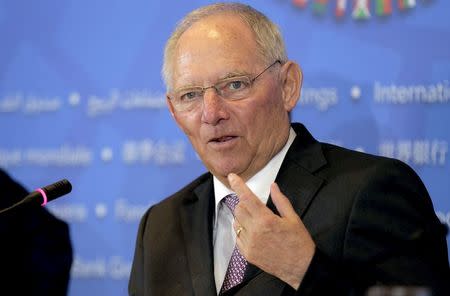 German Finance Minister Wolfgang Schaeuble speaks during a news conference at the 2016 World Bank-IMF Spring Meeting in Washington April 16, 2016. REUTERS/Joshua Roberts