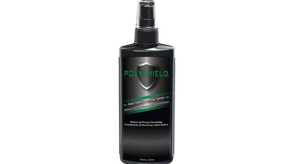 Polyshield anti-static dsuting spray on white background