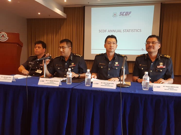 SCDF’s Assistant Commissioner Ling Young Ern, second from right, addressing the media along with, from left, Colonel Lian Wee Teck, Colonel Razak Raheem and Assistant Commissioner Yazid Abdullah. (Yahoo Singapore photo: Safhras Khan)