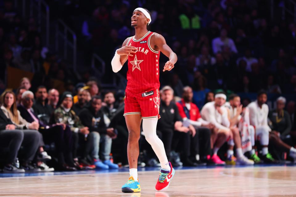 Thunder guard Shai Gilgeous-Alexander reacts after scoring in the fourth quarter of the NBA All-Star Game on Sunday night at Gainbridge Fieldhouse in Indianapolis.