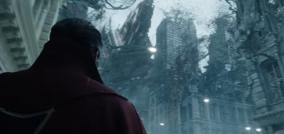 Stephen Strange looking up at a New York City ravaged by an Incursion in "Doctor Strange In the Multiverse of Madness"