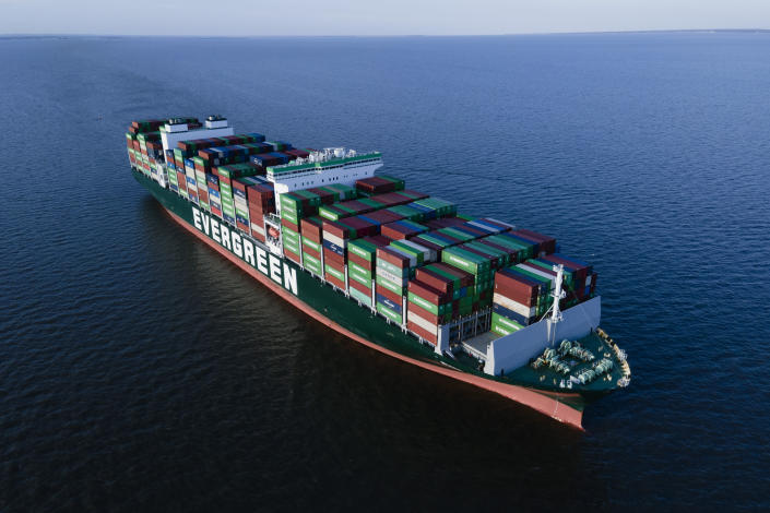 The container ship Ever Forward, which ran aground in the Chesapeake Bay off the coast near Pasadena, Md., the night before, is seen Monday, March 14, 2022. (AP Photo/Julio Cortez)