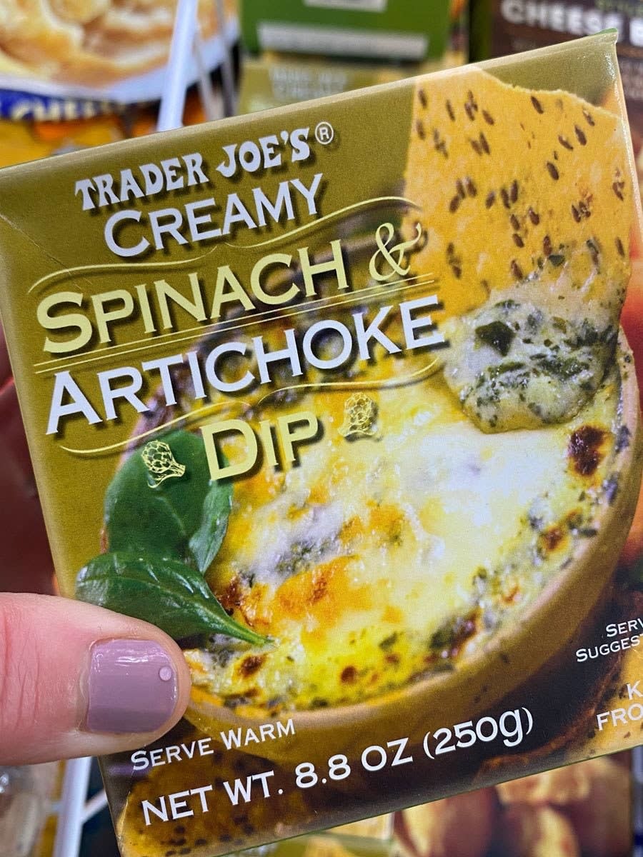Frozen spinach artichoke dip from Trader Joe's.