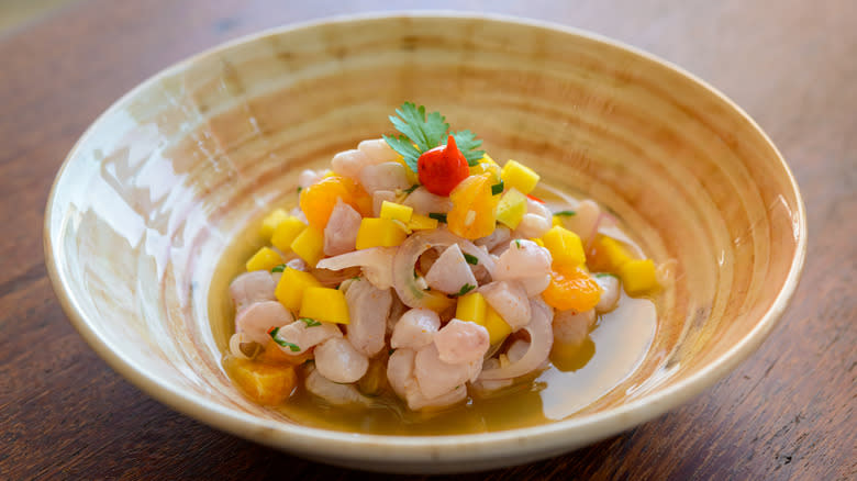 ceramic bowl of ceviche