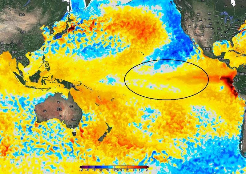 鄭明典指出，「東太平洋赤道區變暖了~聖嬰現象發展中！」（翻攝自臉書＠鄭明典）