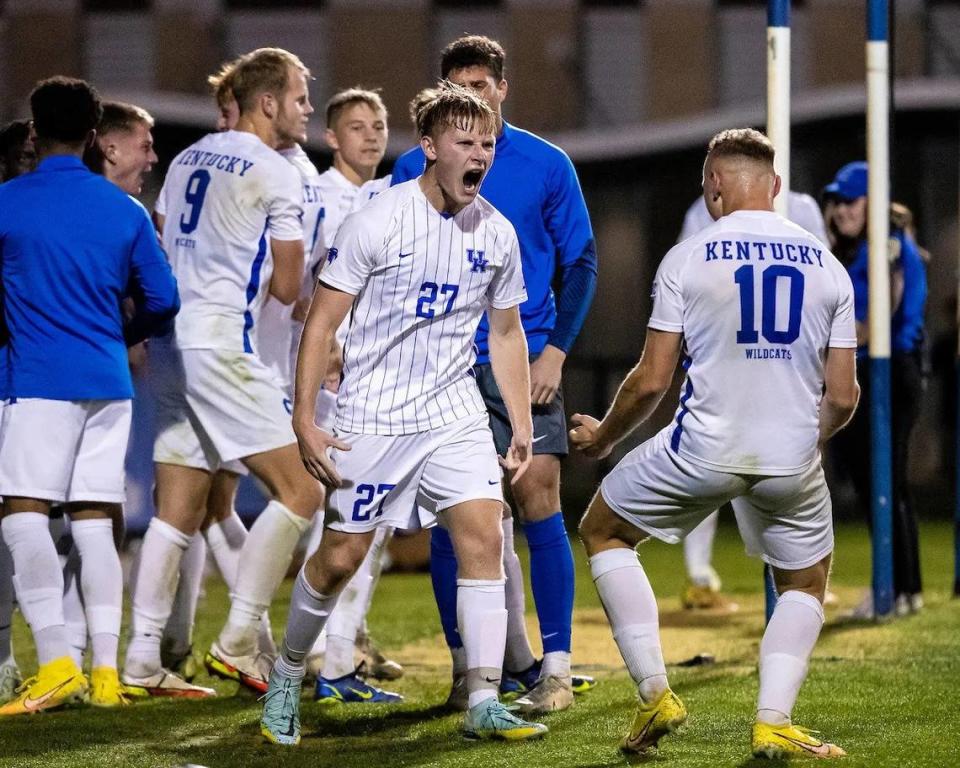 Kentucky senior Ben Damge (27) has scored three goals in the last three games for UK, including two goals Thursday night in Kentucky’s NCAA Tournament win at Xavier. Elliott Hess/UK Athletics