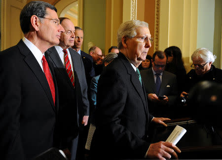 Senate Majority Leader Mitch McConnell R-KY, speaks to the media at the U.S. Capitol after a tentative deal is set to avert a second partial government shutdown in Washington, U.S., February 12, 2019. REUTERS/Mary F. Calvert
