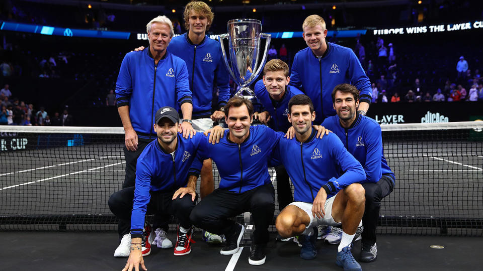 Team Europe poses with the trophy. (Photo by Clive Brunskill/Getty Images for The Laver Cup)