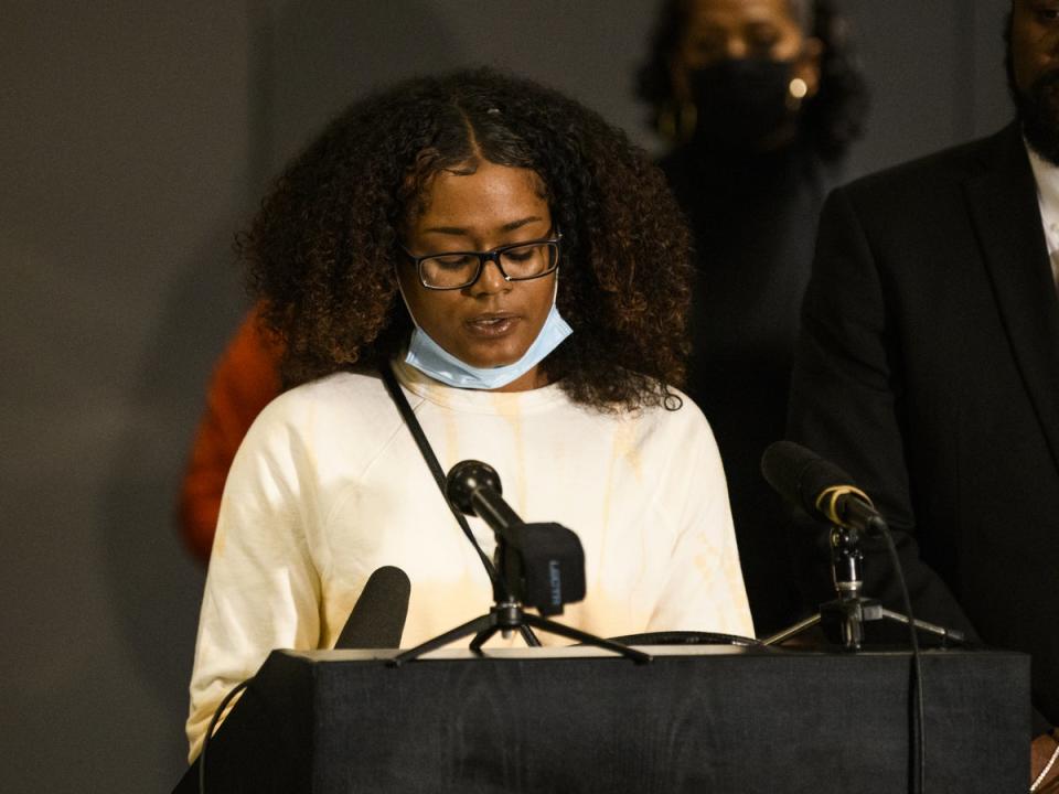 Chyna Whitaker, mother of Daunte Wright Jr., reads a letter to Daunte Wright during a press conference on April 23, 2021 in Minneapolis, Minnesota (Getty Images)