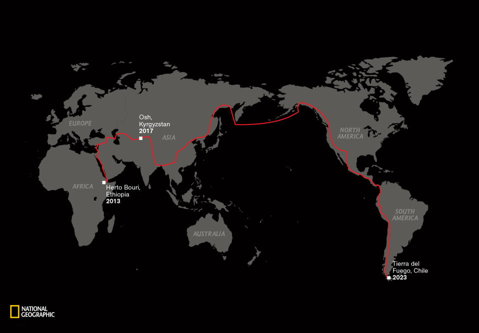 A map showing a red trail line from Ethiopia, across the planet, to South America.  