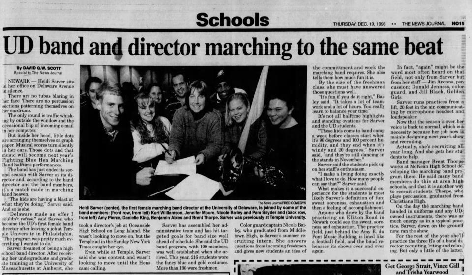 A News Journal article from Dec. 19, 1996, about the University of Delaware's Heidi Sarver, early in her 29-year run as director of the school's marching band.