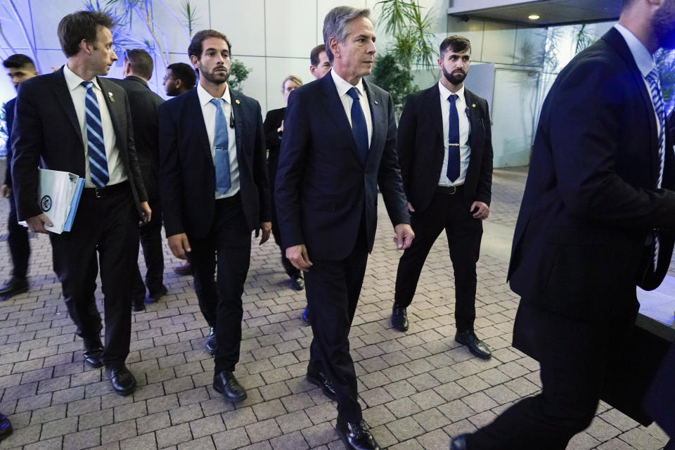 U.S. Secretary of State Antony Blinken arrives to make a brief statement to the media with Israeli Defense Minister Yoav Gallant, not pictured, at The Kirya, Israel's Ministry of Defense, Monday, Oct. 16, 2023, in Tel Aviv. (AP Photo/Jacquelyn Martin, Pool)