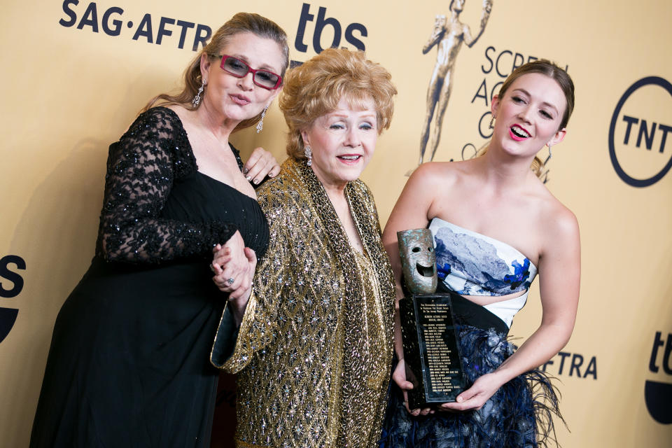 Todd Fisher, Debbie Reynolds, Carrie Fisher, Billie Lourd - 1/25/2015 - Los Angeles, CA - 21st Annual Screen Actors Guild Awards - Press Room held at The Shrine Auditorium, Los Angeles, CA. Photo Credit: John Salangsang/BFAnyc *** Please Use Credit from Credit Field ***