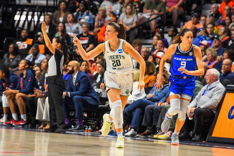 Sabrina Ionescu rocking the Nike Sabrina 1 during a playoff game last fall.