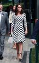 <p><em>July 3, 2017 — </em>The Duchess showed off a new haircut by wearing a black and white polka dot Dolce & Gabbana dress at Wimbledon.</p>