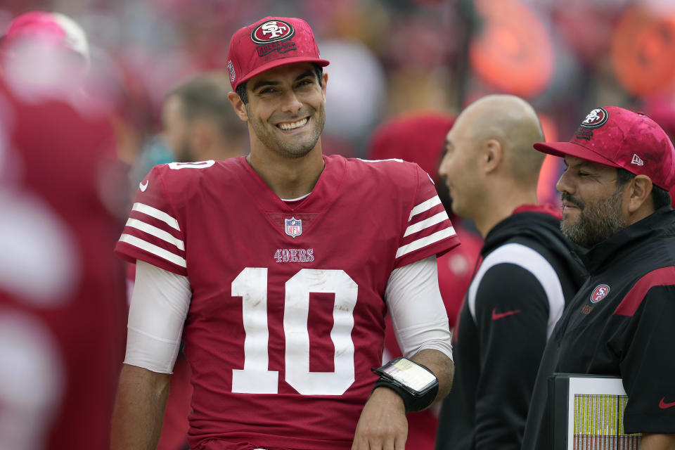 San Francisco 49ers quarterback Jimmy Garoppolo (10) smiles during an NFL football game against the Seattle Seahawks in Santa Clara, Calif., Sunday, Sept. 18, 2022. Trey Lance's season-ending injury has left the San Francisco 49ers in a familiar spot with Jimmy Garoppolo back as the starting quarterback. (AP Photo/Tony Avelar, File)