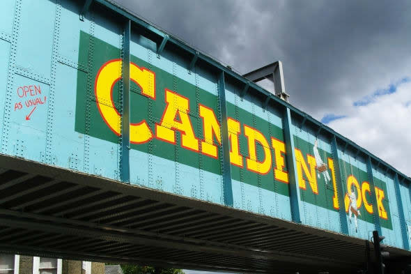 The old railway bridge at Camden Lock market in London.