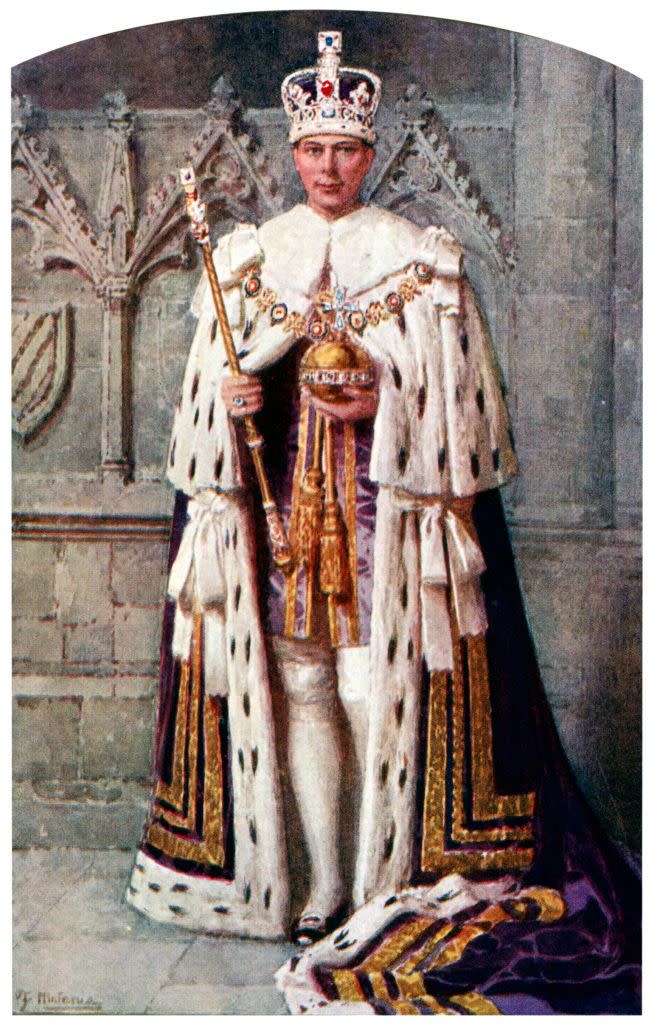 george vi in coronation robes the robe of purple velvet, with the imperial state crown, 1937artist fortunino matania