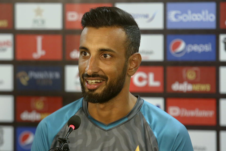 Pakistan's Shan Masood speaks during a news conference at the National Cricket Stadium, in Karachi, Pakistan, Saturday, Sept. 17, 2022. England and Pakistan will play first twenty20 cricket match on Sept. 20. (AP Photo/Fareed Khan)