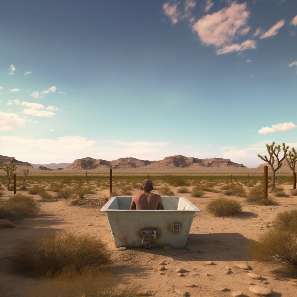 AI-generated image of a man bathing in the desert