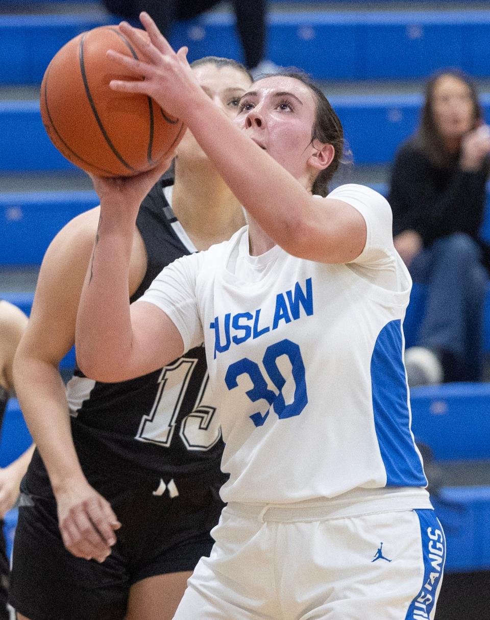Tuslaw's Malia Mizeres looks to get a shot off over Perry in the first half of Wednesday's game.