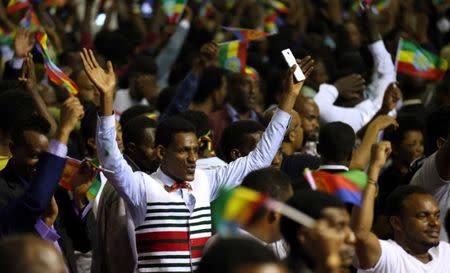 Residents cheer as they attend a concert at the Millennium Hall in Addis Ababa, Ethiopia July 15, 2018. REUTERS/Tiksa Negeri