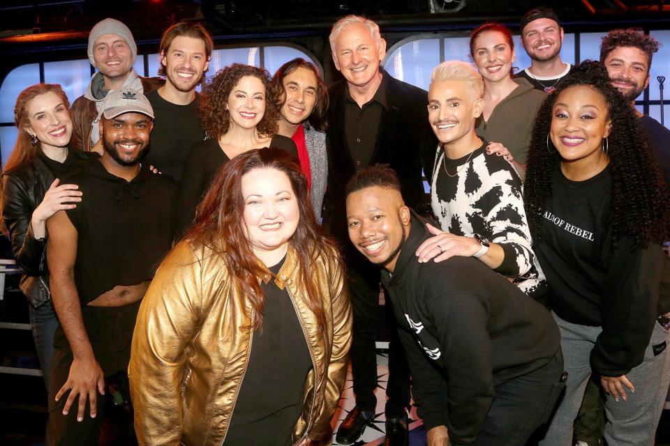 NEW YORK, NEW YORK - OCTOBER 04: Victor Garber poses with Frankie Grande, Marla Mindelle, Constantine Rousouli, Kathy Deitch, Ryan Duncan, Alex Ellis, Jaye Alexander, Courtney Bassett, Donnie Hammond backstage at the new musical "Titanique" at The Asylum NYC on October 4, 2022 in New York City. Victor Garber starred in the film "Titanic" as Thomas Andrews, the builder of the Titanic and in "Titanique" Frankie Grande plays the role of "Victor Garber" (Photo by Bruce Glikas/WireImage)