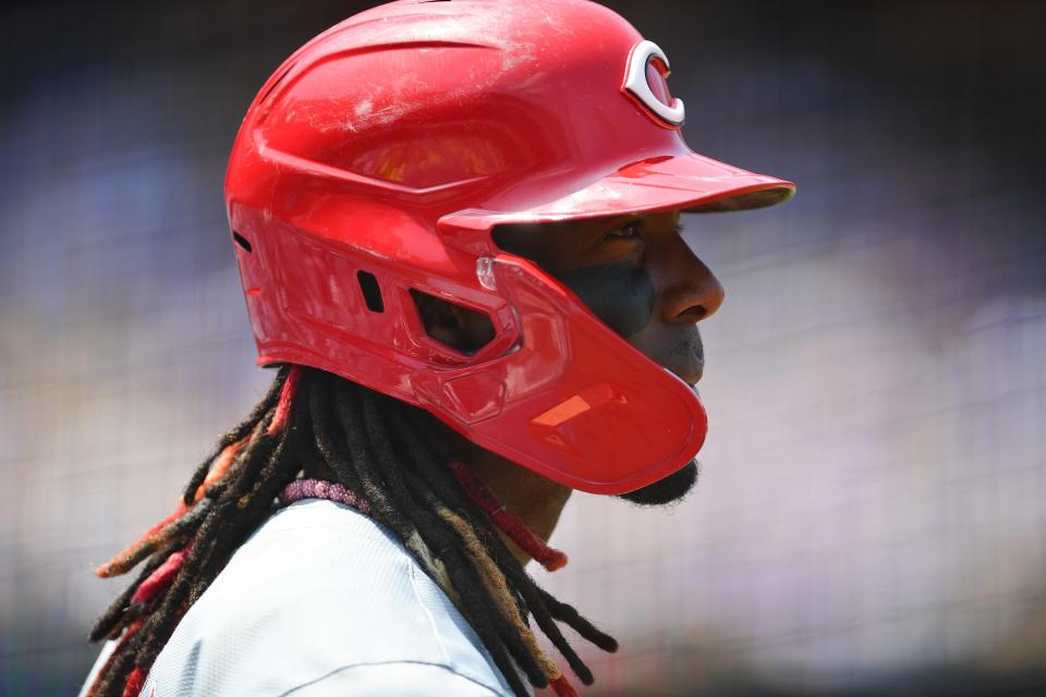May 19, 2024; Los Angeles, California, USA; Cincinnati Reds shortstop Elly De La Cruz (44) waits on deck before hitting against the Los Angeles Dodgers during the third inning at Dodger Stadium.
