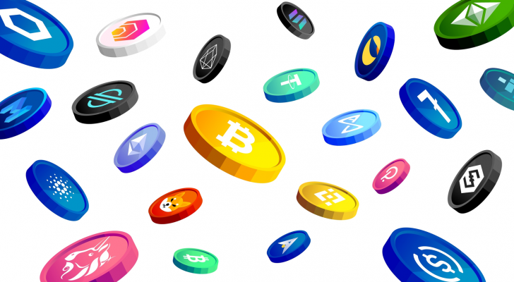 cryptos to buy An image of different coins with cryptocurrency logos on them