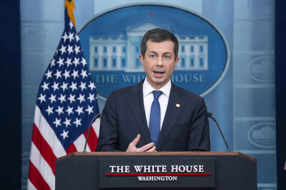 FILE - Transportation Secretary Pete Buttigieg speaks during a press briefing at the White House, March 27, 2024, in Washington. New vehicles sold in the U.S. will have to average about 38 miles per gallon of gasoline in 2031 in real world driving, up from about 29 mpg this year, under new federal rules unveiled Friday, June 7, 2024, by the Biden administration. "Not only will these new standards save Americans money at the pump every time they fill up, they will also decrease harmful pollution and make America less reliant on foreign oil," Buttigieg said. (AP Photo/Evan Vucci, File)