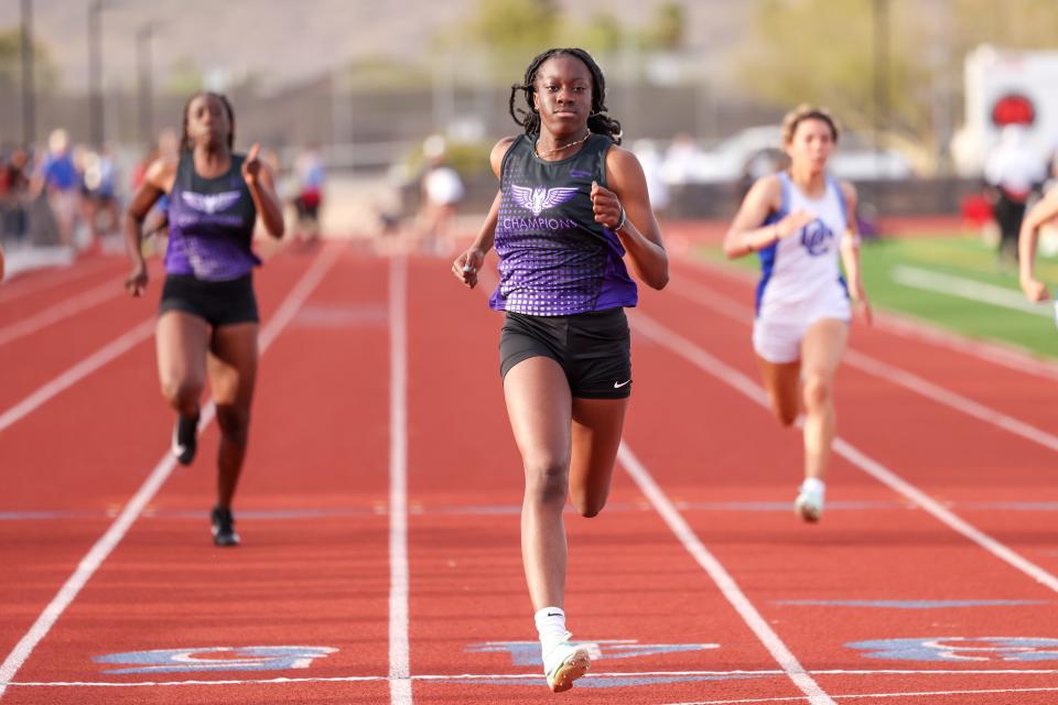 Cesar Chavez sophomore Mayen Usoro competes in the 100m at the Westside Evening Classic at Deer Valley High School in Glendale, Ariz. on April 6, 2023.