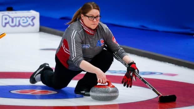 Northwest Territories' skip Kerry Galusha makes a shot against Team Wild Card 2 at the Scotties Tournament of Hearts in Calgary, Alta., on Monday. (The Canadian Press - image credit)