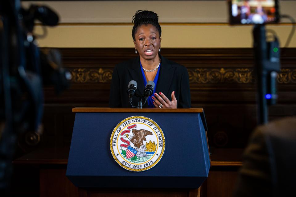 Dr. Ngozi Ezike, director of the Illinois Department of Public Health, gives an update on the COVID-19 pandemic in Illinois during a press conference at the Illinois State Capitol, Monday, January 11, 2021, in Springfield, Ill.