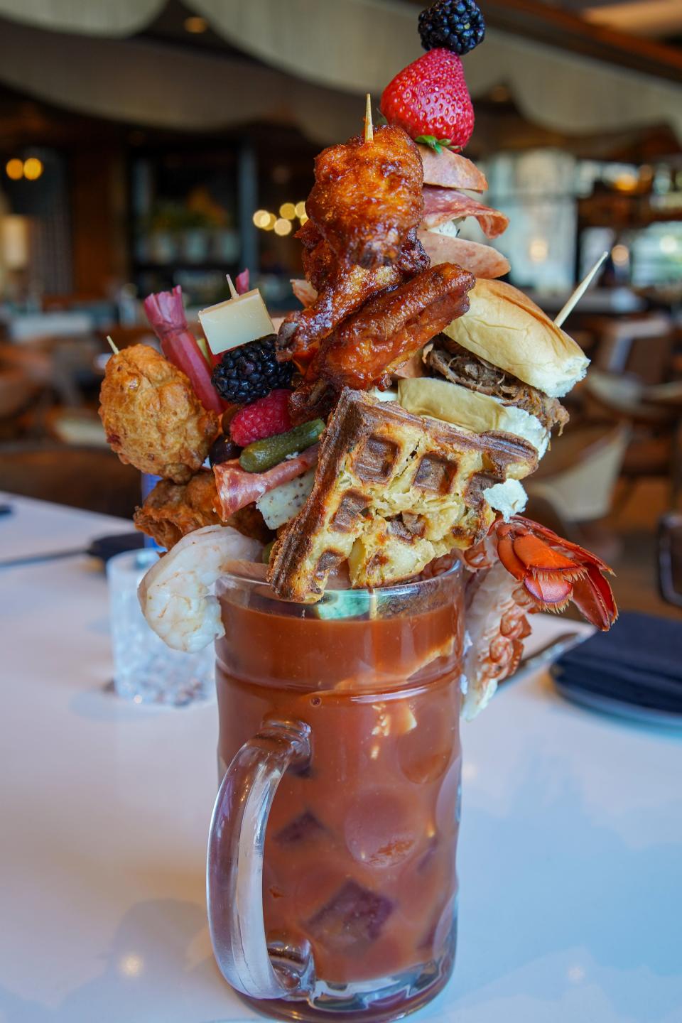 The Benjamin cocktail at The Ben hotel in West Palm Beach piles a buffet atop a Bloody Mary.