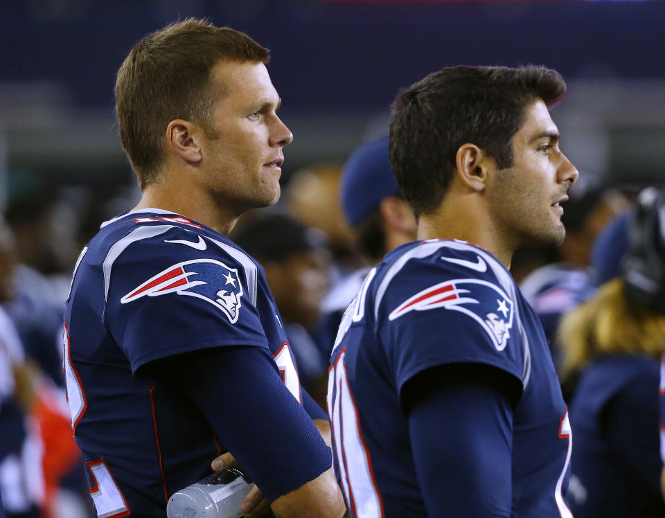 Tom Brady said on Tuesday that he “loved” working with his former teammate, Jimmy Garoppolo, after an ESPN story said Brady forced the Patriots to trade Garoppolo. (AP)