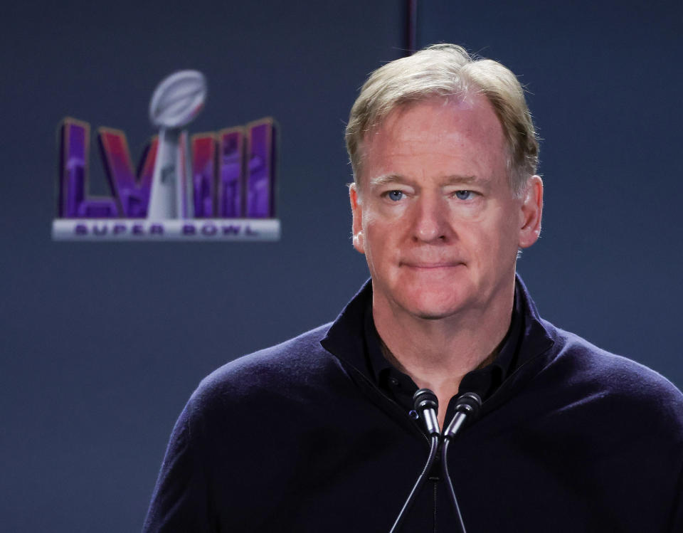 LAS VEGAS, NEVADA - FEBRUARY 12: NFL Commissioner Roger Goodell attends a Super Bowl Host Committee handoff news conference at the Mandalay Bay Convention Center on February 12, 2024 in Las Vegas, Nevada. (Photo by Ethan Miller/Getty Images)