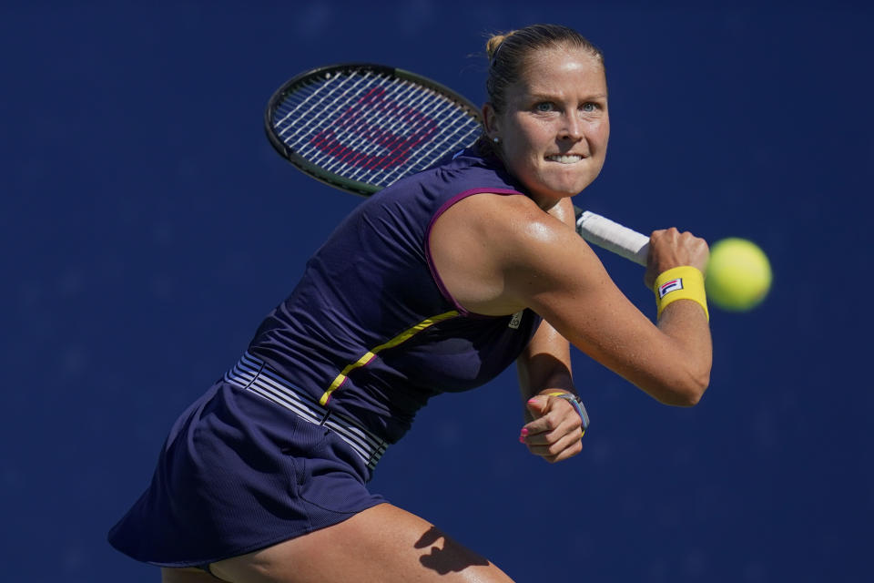 Shelby Rogers, of the United States, prepares to hit a forehand to Daria Kasatkina, of Russia, during the singles final at the Mubadala Silicon Valley Classic tennis tournament in San Jose, Calif., Sunday, Aug. 7, 2022. (AP Photo/Godofredo A. Vásquez)