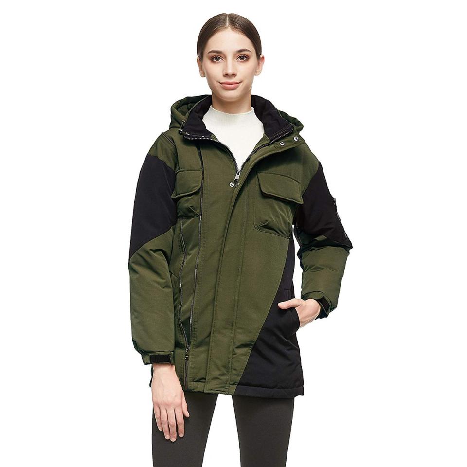 Orolay Women’s Warm Down Mid-Length Color Blocking Jacket