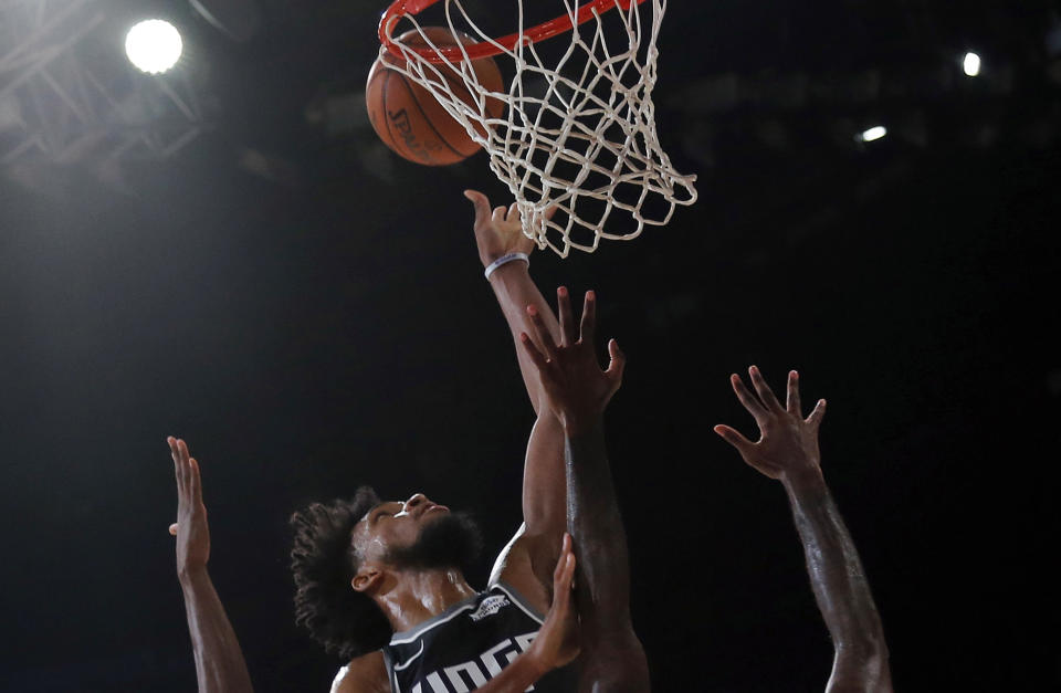 Sacramento Kings player Marvin Bailey III plays against Indiana Pacers during the NBA India Games 2019, in Mumbai, India, Saturday, Oct. 5, 2019. (AP Photo/Rajanish Kakade)