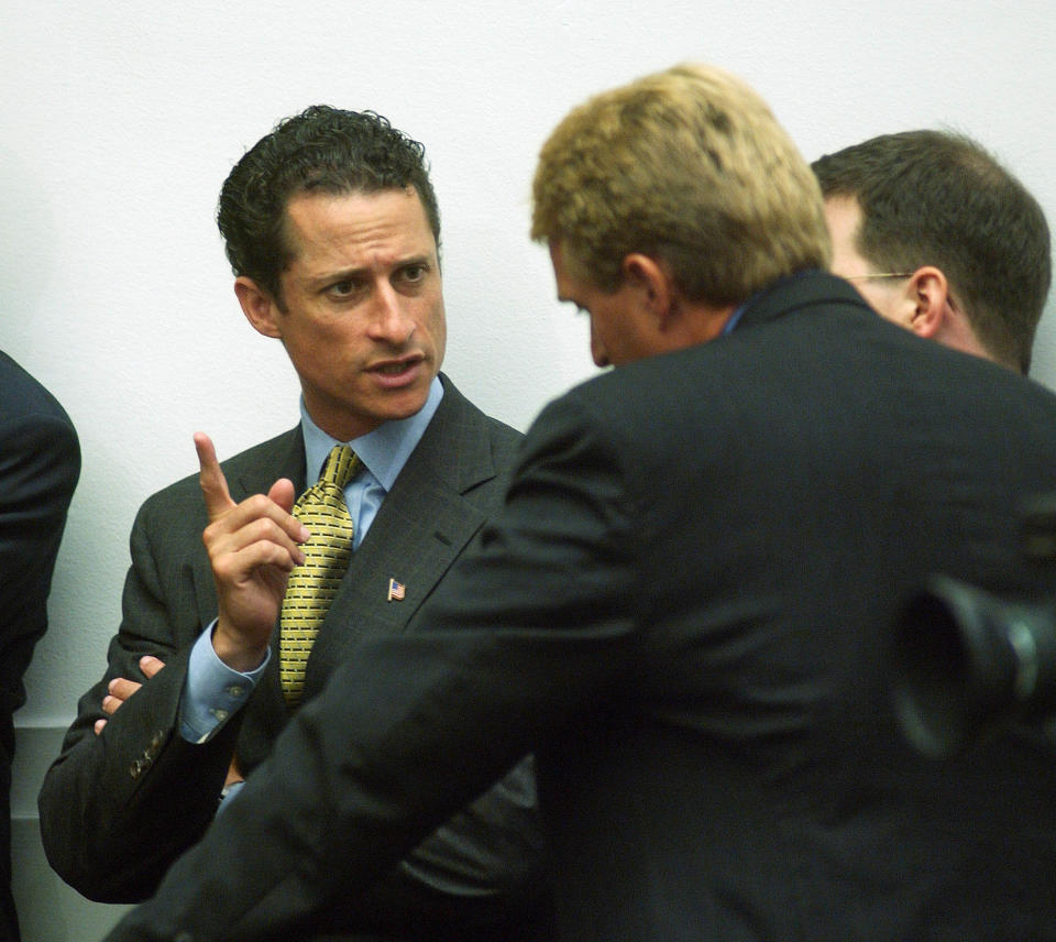 Anthony Weiner, D-N.Y., and Jeff Flake, R-Ariz., talk during the markup of the bill which would establish the Department of Homeland Security on July 10, 2002.&nbsp;