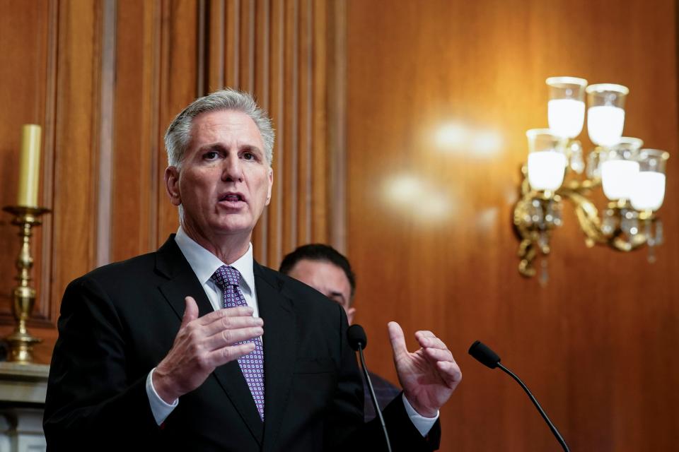 Speaker of the House Kevin McCarthy, R-Calif., speaks to the media about efforts to pass appropriations bills and avert a looming government shutdown, at the Capitol in Washington, Friday, Sept. 29, 2023.