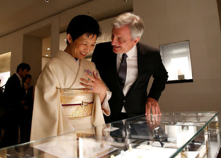 Christian Dior Chief Executive Sidney Toledano (R) talks with Japan's Princess Takamado at Dior's new flagship store in Tokyo, Japan, April 19, 2017. REUTERS/Toru Hanai