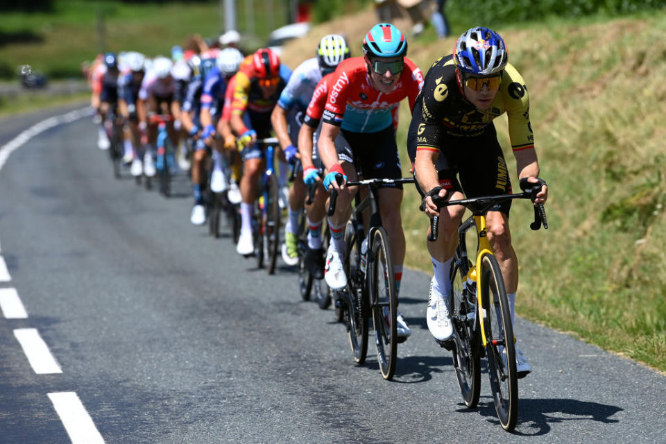 BELLEVILLEENBEAUJOLAIS FRANCE  JULY 13 Wout Van Aert of Belgium and Team JumboVisma attacks during the stage twelve of the 110th Tour de France 2023 a 1688km stage from Roanne to Belleville en Beaujolais  UCIWT  on July 13 2023 in Belleville en Beaujolais France Photo by Tim de WaeleGetty Images