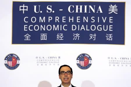 U.S. Treasury Secretary Steve Mnuchin speaks at the U.S. - China Comprehensive Economic Dialogue in Washington, U.S., July 19, 2017. REUTERS/Yuri Gripas