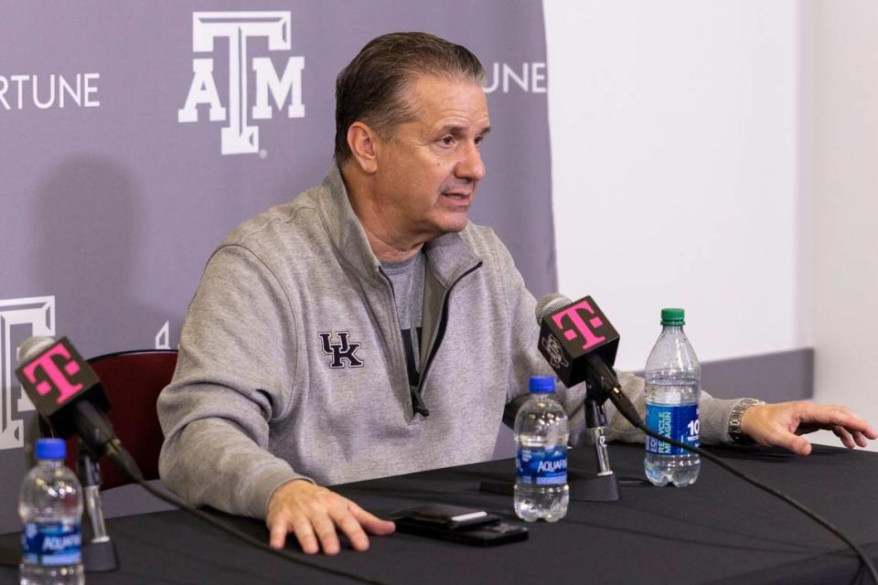 Kentucky head coach John Calipari speaks during a press conference after Saturday’s overtime loss at Texas A&M. The defeat was UK’s first conference loss of the season.